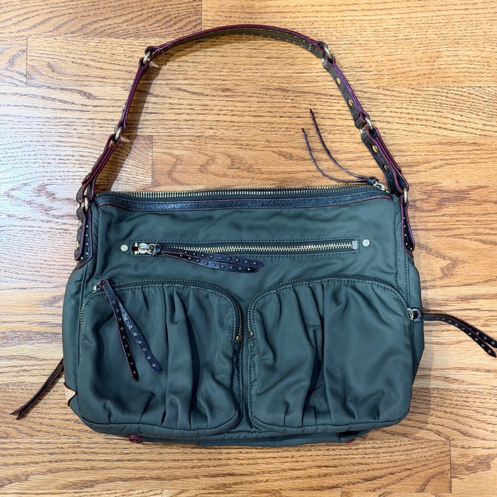 MZ Wallace Paige Olive Green Nylon Shoulder Bag Leather Trim Studded Strap
